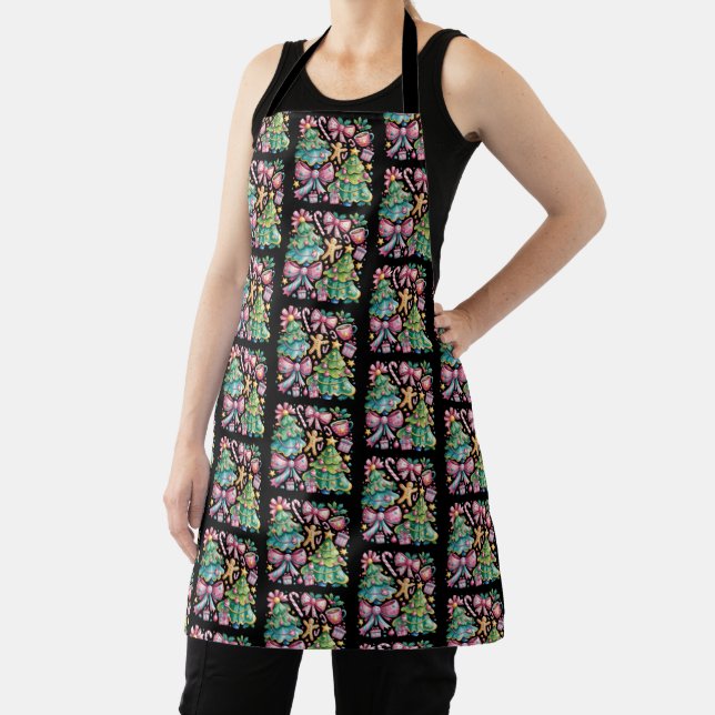 Floral Preppy Xmas Tree Bow Coquette Pink Blue Apron (Insitu)
