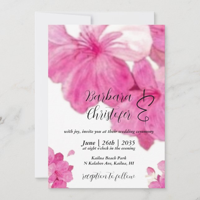 Floral, pretty hibiscus fuchsia Wedding Invitation (Front)