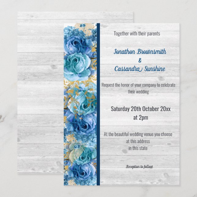 FLORAL PRETTY NAVY BLUE RUSTIC WHITEWASH WEDDING INVITATION (Front/Back)