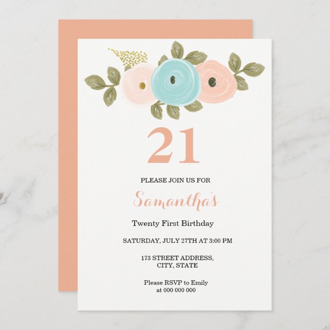 Floral Pretty Peach 21st Birthday Invitation (Front/Back)