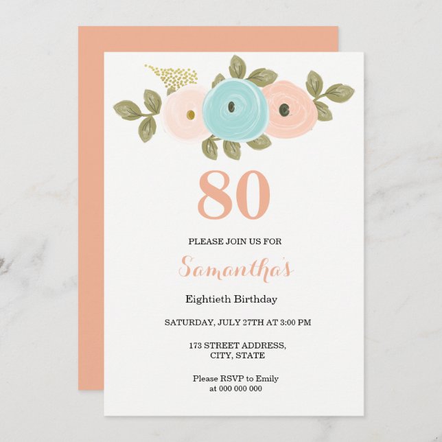 Floral Pretty Peach 80th Birthday Invitation (Front/Back)