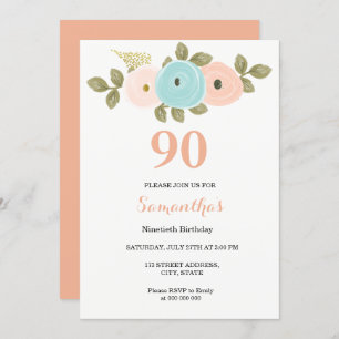 Floral Pretty Peach 90th Birthday Invitation