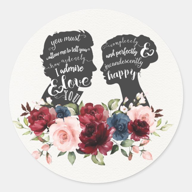 Floral Pride & Prejudice Jane Austen Wedding Classic Round Sticker (Front)