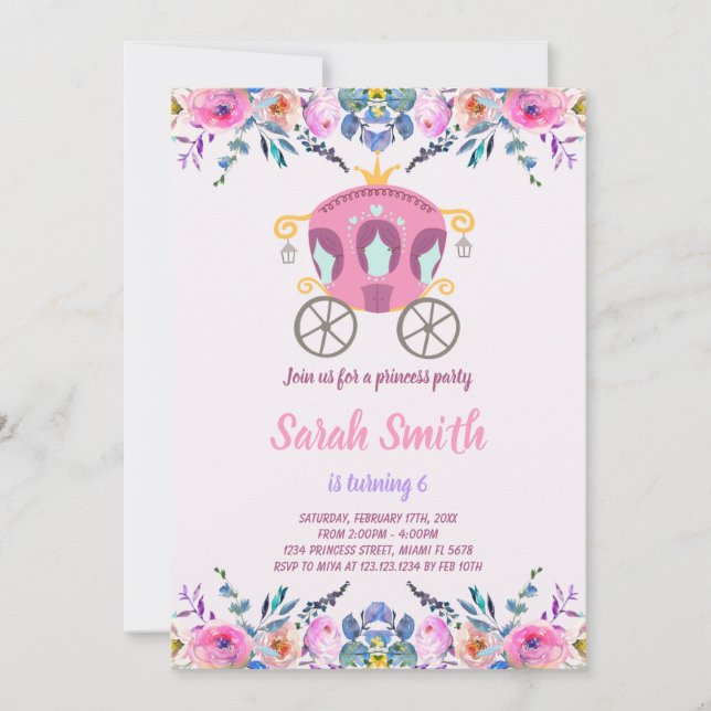 Floral Princess Carriage Birthday Invitation (Front)