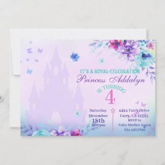 Floral Princess Castle Watercolor 4th Birthday Invitation