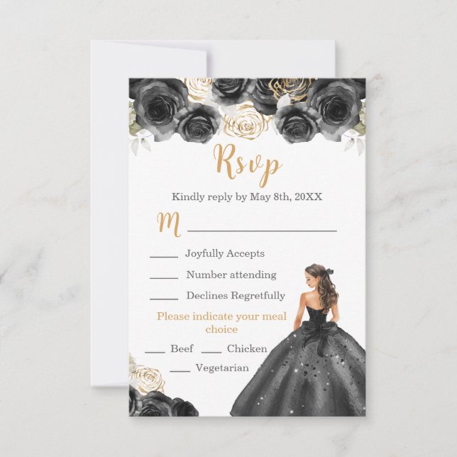 Floral Princess in a Black Dress Meal Choice RSVP Card (Front)