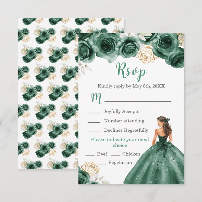 Floral Princess in a Dark Green Dress Meal Choice RSVP Card (Front/Back)