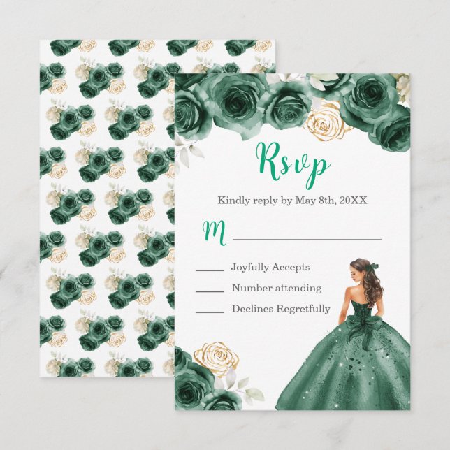 Floral Princess in a Dark Green Dress RSVP Card (Front/Back)