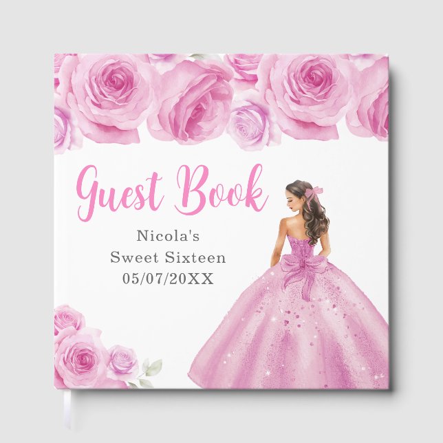 Floral Princess in a Pink Dress Sweet Sixteen  Guest Book (Front)