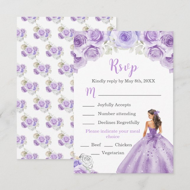 Floral Princess in a Purple Dress Meal Choice RSVP Card (Front/Back)