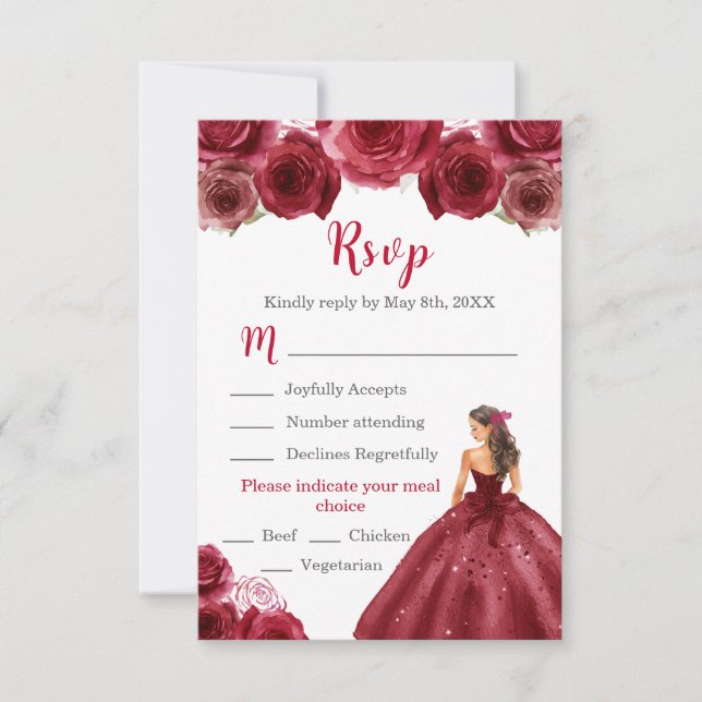 Floral Princess in a red Dress Meal Choice RSVP Card (Front)