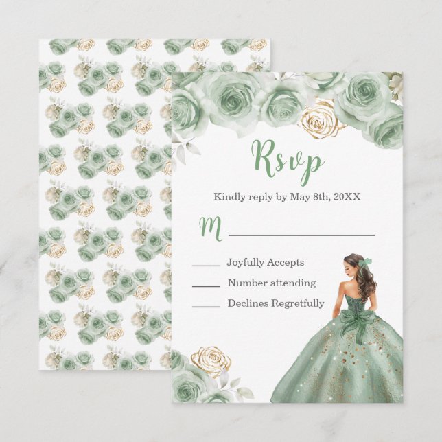 Floral Princess in a Sage Green Dress Meal Choice RSVP Card (Front/Back)