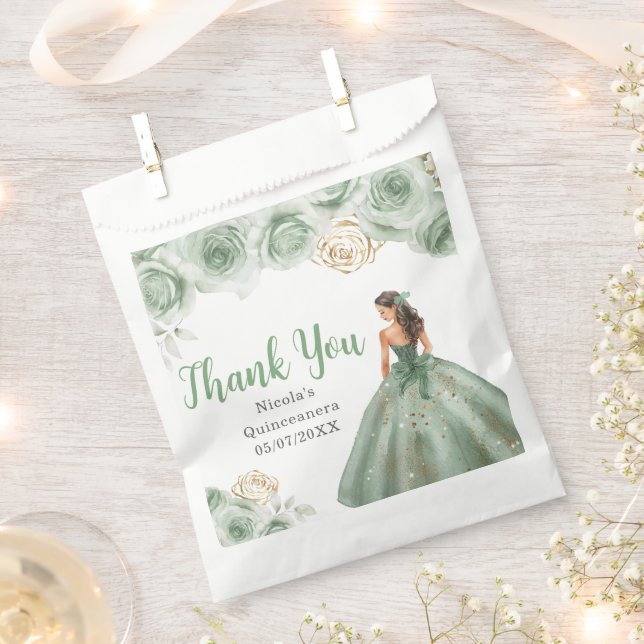 Floral Princess in a Sage Green Dress Quinceanera Favour Bags (Clipped)