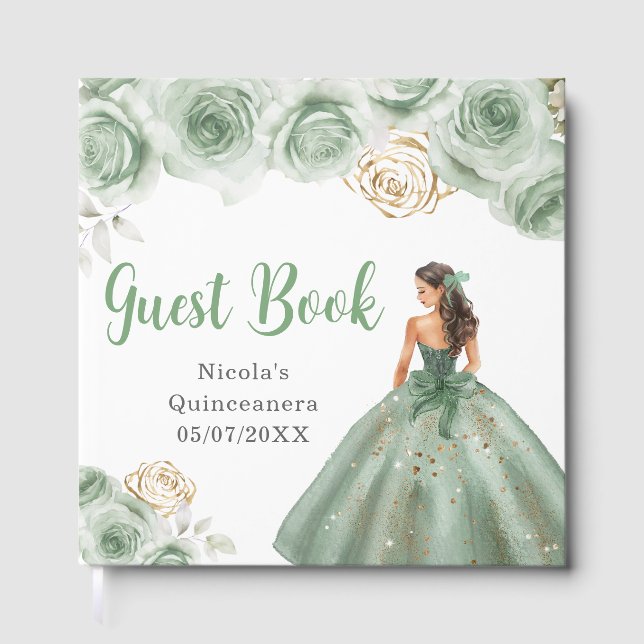 Floral Princess in a Sage Green Dress Quinceanera Guest Book (Front)