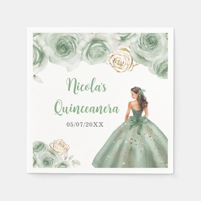 Floral Princess in a Sage Green Dress Quinceanera  Napkin (Front)