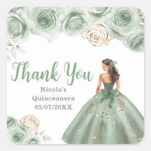 Floral Princess in a Sage Green Dress Quinceanera Square Sticker