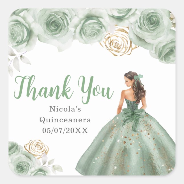 Floral Princess in a Sage Green Dress Quinceanera Square Sticker (Front)