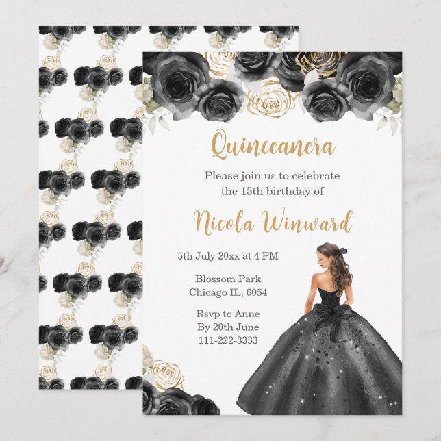 Floral Princess in Black Dress Quinceanera Invitation (Front/Back)