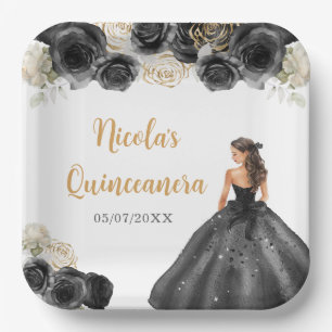 Floral Princess in Black Dress Quinceanera Paper Plate