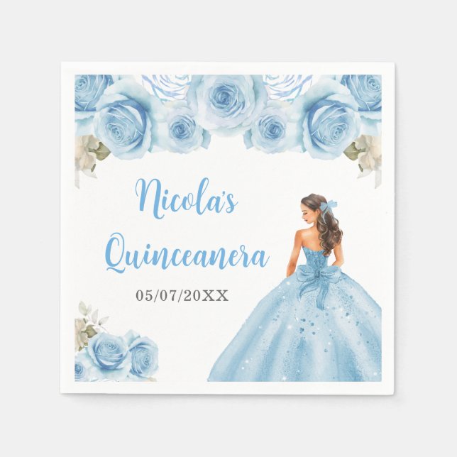 Floral Princess in Blue Dress Quinceanera Napkin (Front)