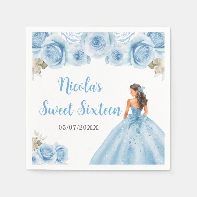 Floral Princess in Blue Dress Sweet Sixteen Napkin (Front)