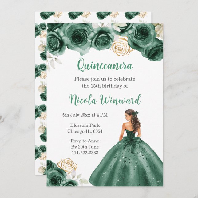 Floral Princess in Dark Green Dress Quinceanera Invitation (Front/Back)