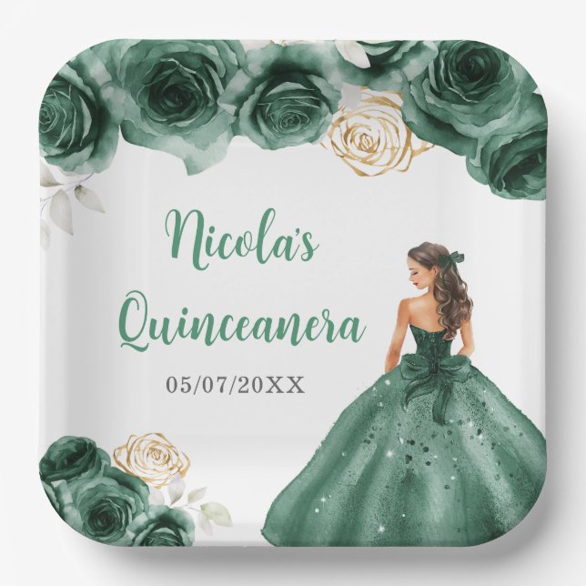 Floral Princess in Dark Green Dress Quinceanera  Paper Plate (Front)