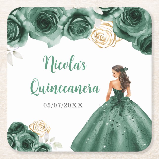Floral Princess in Dark Green Dress Quinceanera Square Paper Coaster (Front)
