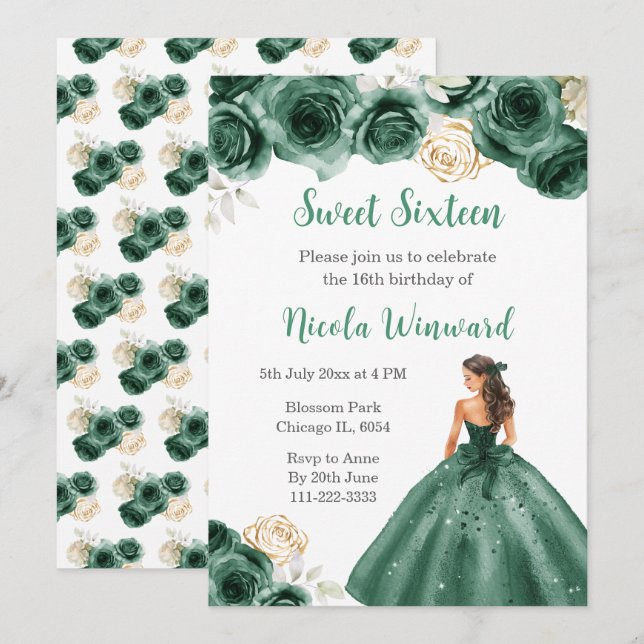 Floral Princess in Dark Green Dress Sweet Sixteen Invitation (Front/Back)