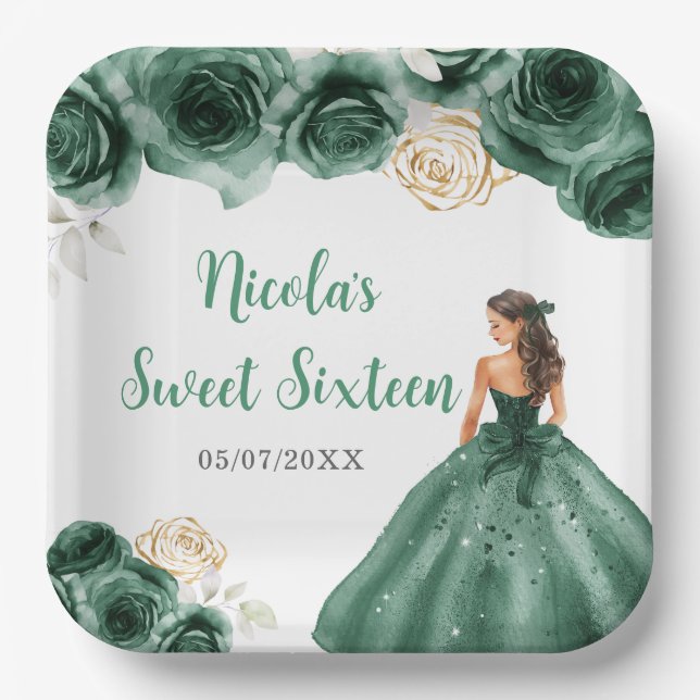 Floral Princess in Dark Green Dress Sweet Sixteen  Paper Plate (Front)