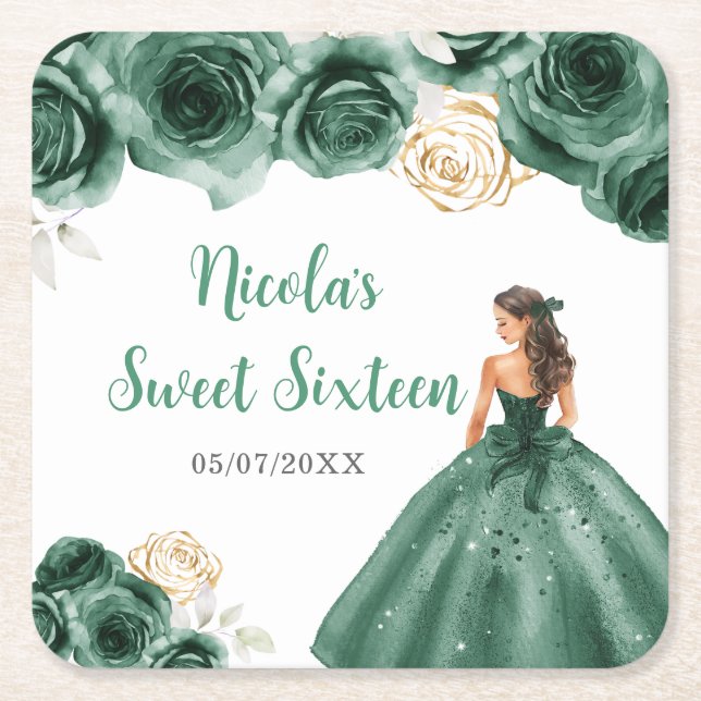 Floral Princess in Dark Green Dress Sweet Sixteen Square Paper Coaster (Front)