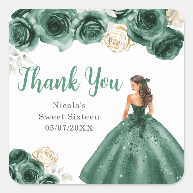 Floral Princess in Dark Green Dress Sweet Sixteen Square Sticker (Front)