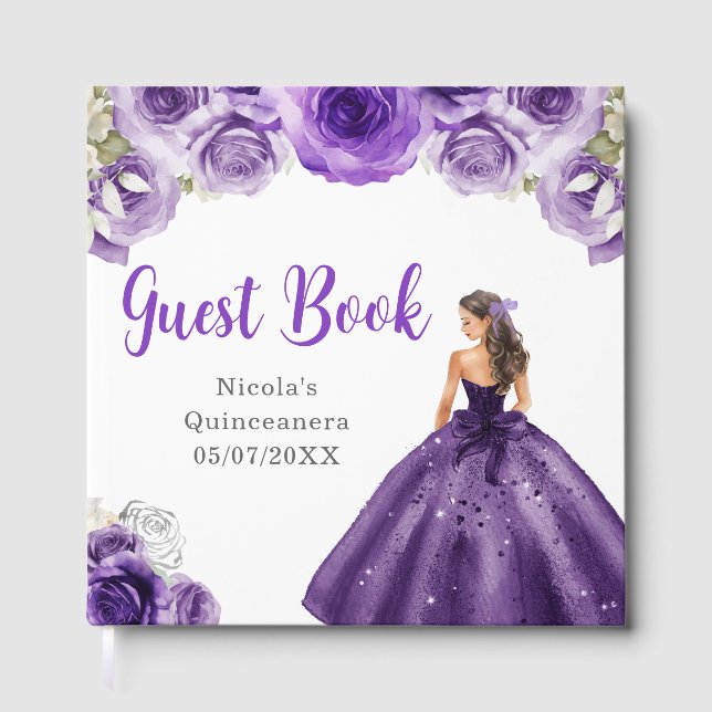 Floral Princess in Dark Purple Dress Quinceanera Guest Book (Front)