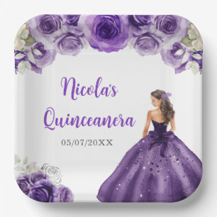 Floral Princess in Dark Purple Dress Quinceanera Paper Plate