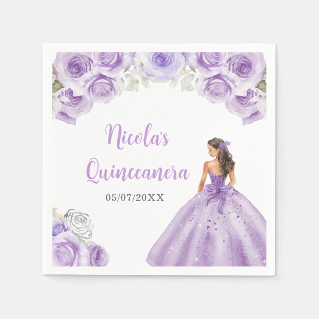Floral Princess in Dusty Purple Dress Quinceanera  Napkin (Front)