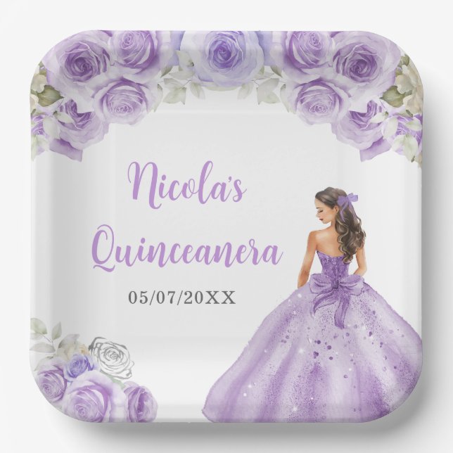 Floral Princess in Dusty Purple Dress Quinceanera  Paper Plate (Front)