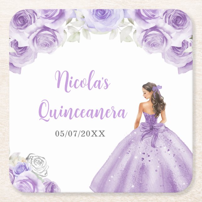 Floral Princess in Dusty Purple Dress Quinceanera  Square Paper Coaster (Front)