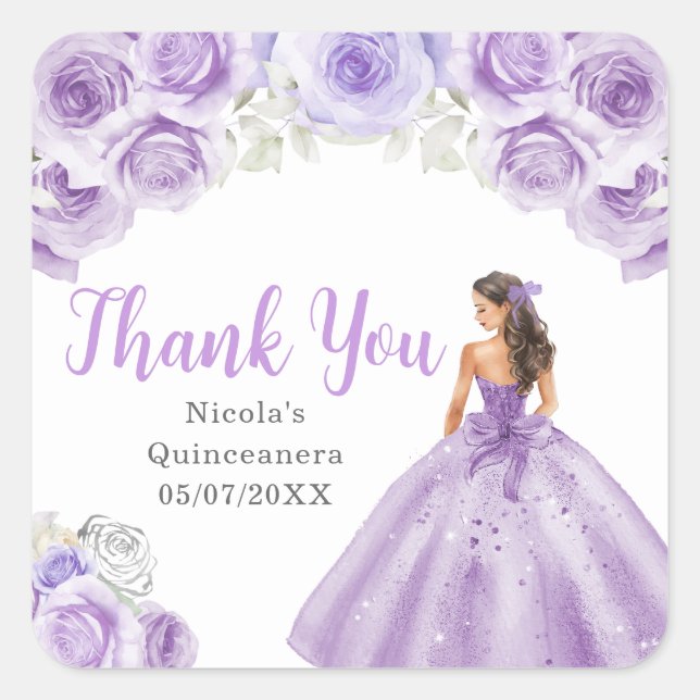 Floral Princess in Dusty Purple Dress Quinceanera Square Sticker (Front)
