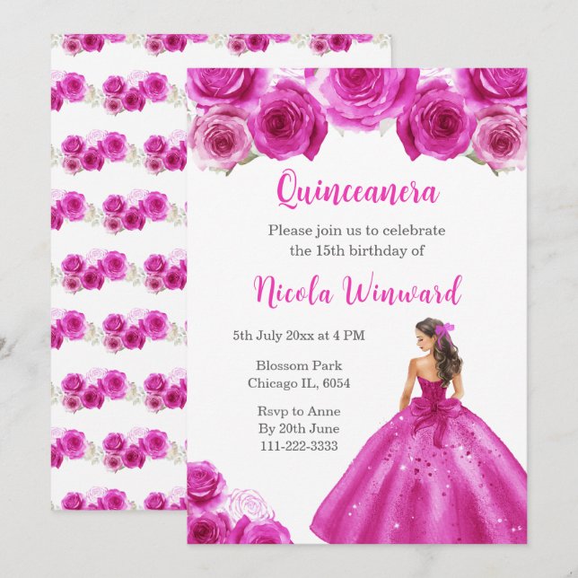 Floral Princess in Hot Pink Dress Quinceanera Invitation (Front/Back)