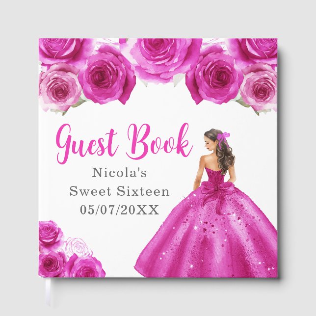 Floral Princess in Hot Pink Dress Sweet Sixteen Guest Book (Front)
