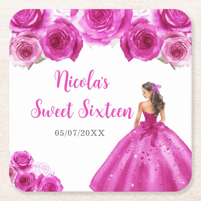 Floral Princess in Hot Pink Dress Sweet Sixteen Square Paper Coaster (Front)
