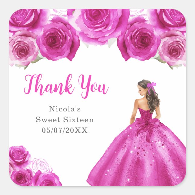 Floral Princess in Hot Pink Dress Sweet Sixteen Square Sticker (Front)