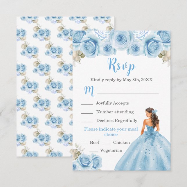 Floral Princess in Light Blue Dress Meal Choice RSVP Card (Front/Back)