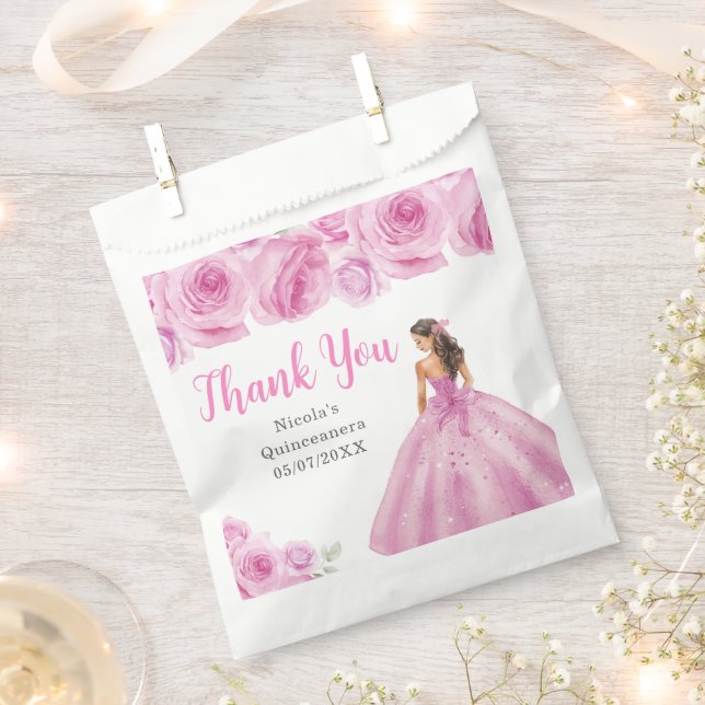 Floral Princess in Light Pink Dress Quinceanera Favour Bags (Clipped)