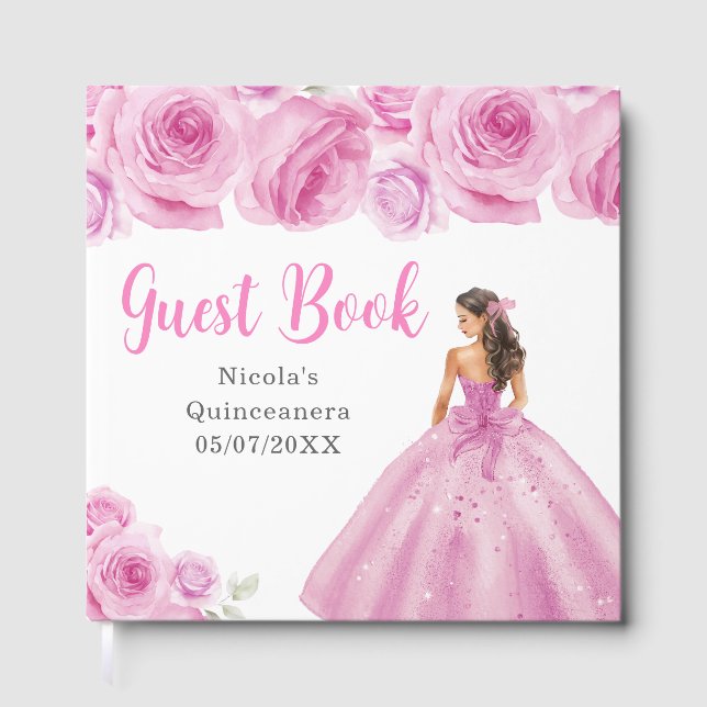 Floral Princess in Light Pink Dress Quinceanera Guest Book (Front)
