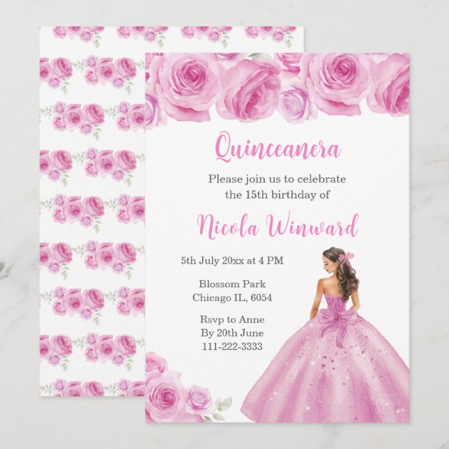 Floral Princess in Light Pink Dress Quinceanera Invitation (Front/Back)