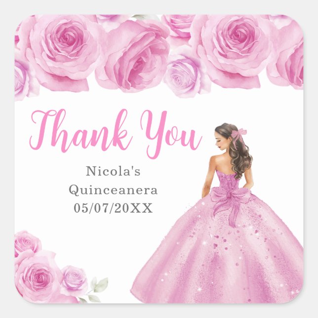 Floral Princess in Light Pink Dress Quinceanera Square Sticker (Front)