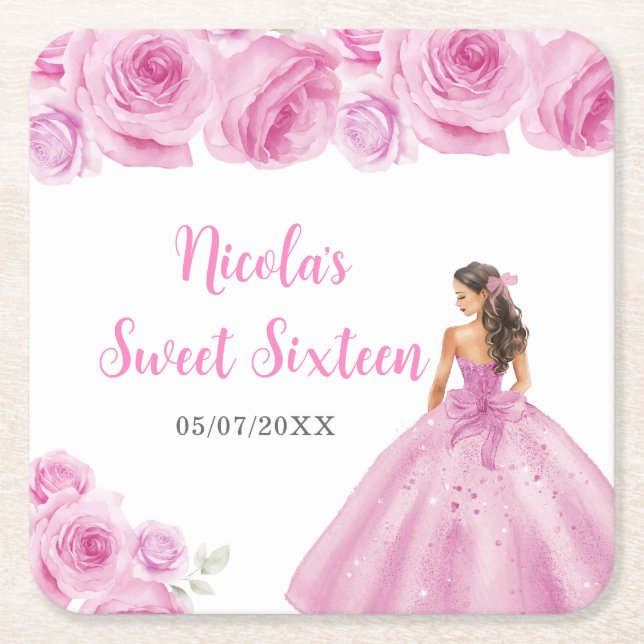 Floral Princess in Light Pink Dress Sweet Sixteen  Square Paper Coaster (Front)