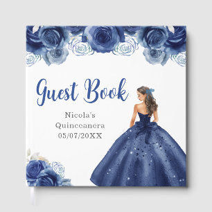 Floral Princess in Navy Blue Dress Quinceanera Guest Book