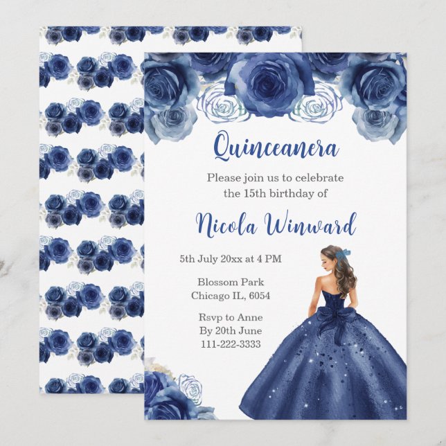 Floral Princess in Navy Blue Dress Quinceanera Invitation (Front/Back)